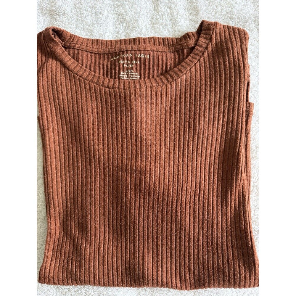 American Eagle Soft & Sexy Plush Ribbed Crew Neck Long Sleeve Top Brown L